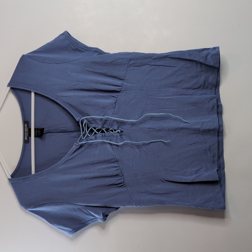 Bisou Bisou Lace up Vintage Y2K Blue Short Sleeve Top X-Large